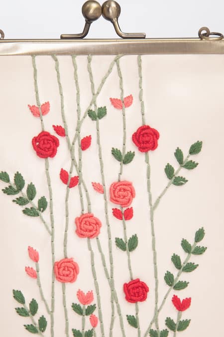 Miri_Ivory Embroidery Hand Rosebuds Clutch _Online_at_Aza_Fashions