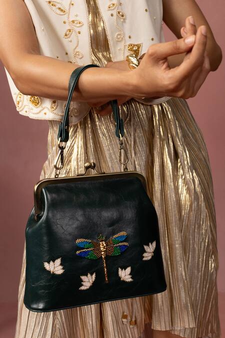 Shop_Miri_Green Zari, Beads Dragonfly Hand Embroidered Vintage Clutch _Online_at_Aza_Fashions