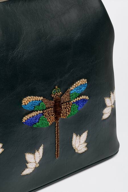 Miri_Green Zari, Beads Dragonfly Hand Embroidered Vintage Clutch _at_Aza_Fashions