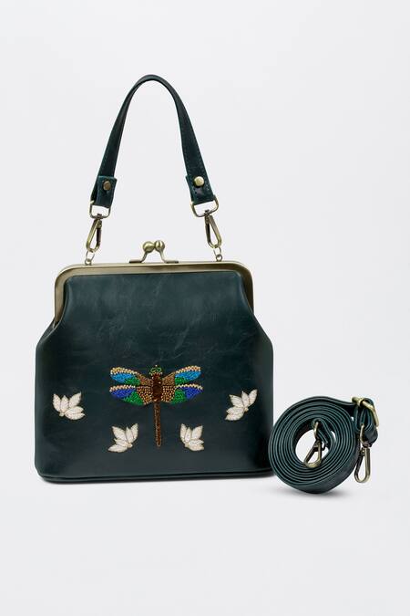 Buy_Miri_Green Zari, Beads Dragonfly Hand Embroidered Vintage Clutch 