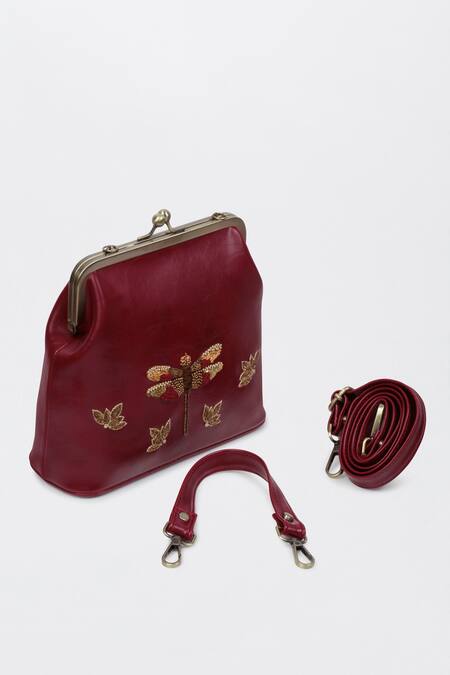 Miri_Maroon Zari, Beads, Sequins Dragonfly Hand Embroidered Vintage Clutch _Online_at_Aza_Fashions