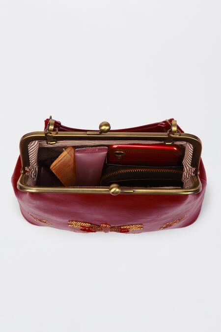 Buy_Miri_Maroon Zari, Beads, Sequins Dragonfly Hand Embroidered Vintage Clutch _Online_at_Aza_Fashions