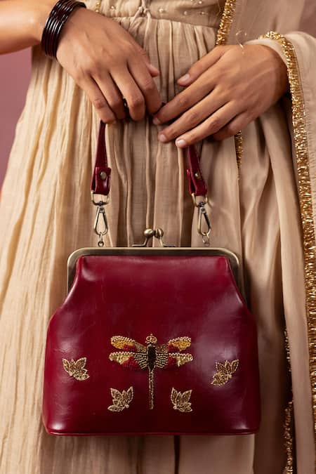 Miri_Maroon Zari, Beads, Sequins Dragonfly Hand Embroidered Vintage Clutch _at_Aza_Fashions