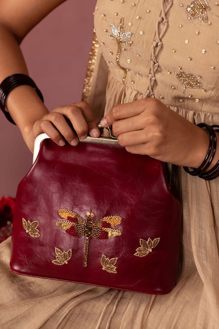 Shop_Miri_Maroon Zari, Beads, Sequins Dragonfly Hand Embroidered Vintage Clutch 