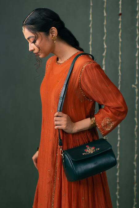 Miri Green Embroidery Zari Roses Retro Style Flap Sling Online at Aza Fashions Miri_Green Embroidery Zari Roses Retro Style Flap Sling _Online_at_Aza_Fashions