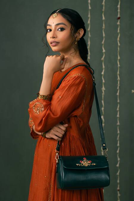 Buy Miri Green Embroidery Zari Roses Retro Style Flap Sling Online at Aza Fashions Buy_Miri_Green Embroidery Zari Roses Retro Style Flap Sling _Online_at_Aza_Fashions