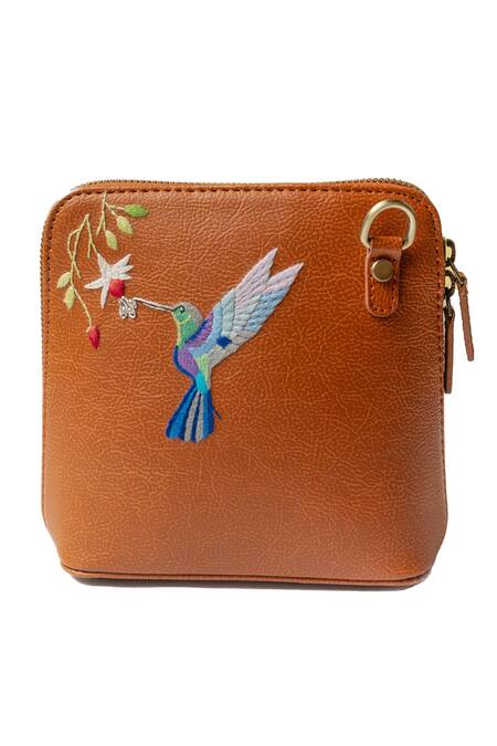 Miri_Tan Embroidery Hand Hummingbird Sling Bag _Online_at_Aza_Fashions