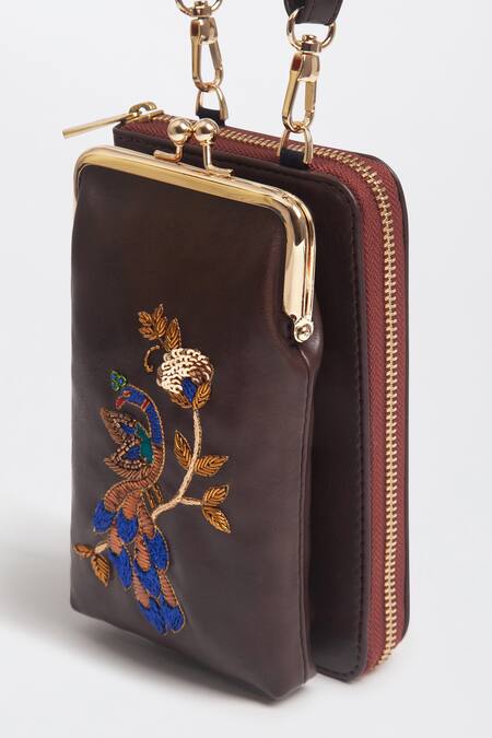 Buy_Miri_Brown Embroidery Hand Peacock Mobile Wallet Sling _Online_at_Aza_Fashions