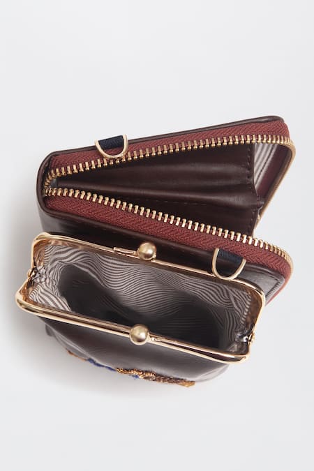 Shop_Miri_Brown Embroidery Hand Peacock Mobile Wallet Sling _Online_at_Aza_Fashions