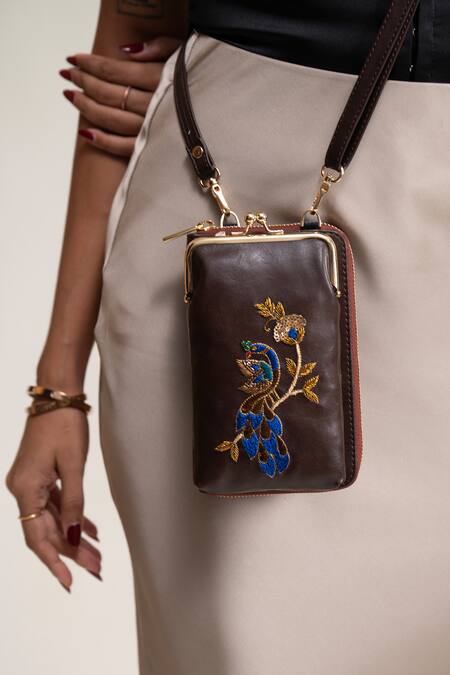 Buy_Miri_Brown Embroidery Hand Peacock Mobile Wallet Sling 
