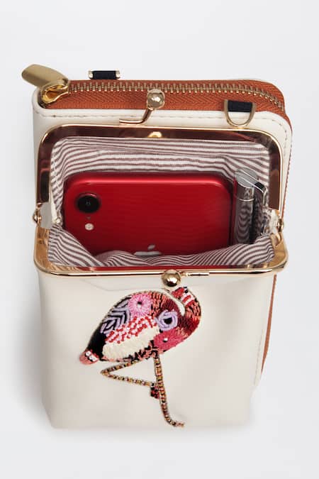 Miri_White Embroidery Hand Flamingo Mobile Wallet Sling _Online_at_Aza_Fashions