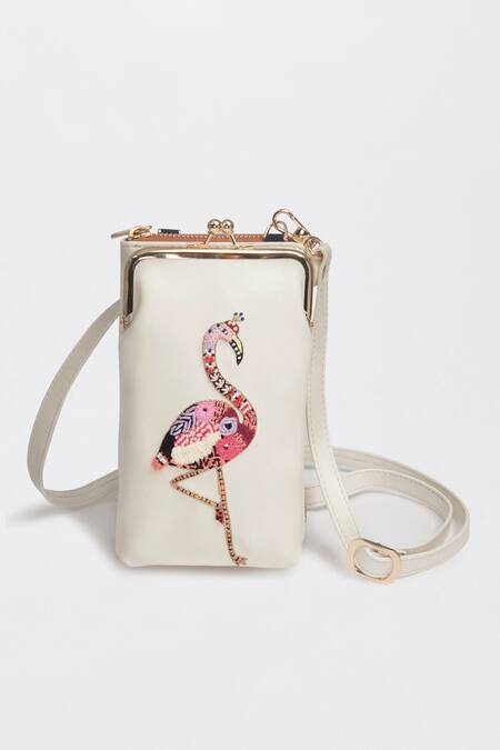 Shop_Miri_White Embroidery Hand Flamingo Mobile Wallet Sling _Online_at_Aza_Fashions