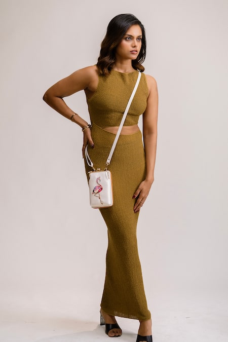 Miri_White Embroidery Hand Flamingo Mobile Wallet Sling _at_Aza_Fashions