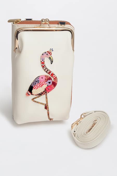 Buy_Miri_White Embroidery Hand Flamingo Mobile Wallet Sling 