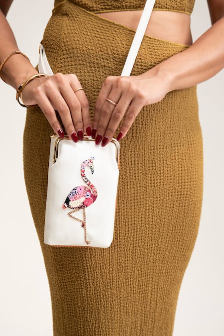 Shop_Miri_White Embroidery Hand Flamingo Mobile Wallet Sling 
