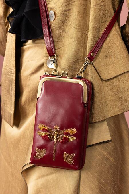 Miri_Burgundy Embroidery Hand Dragonfly Wallet Sling _Online_at_Aza_Fashions