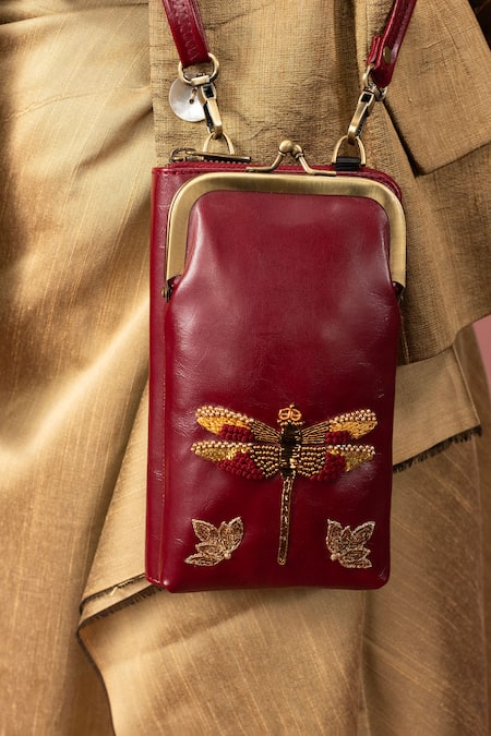 Buy_Miri_Burgundy Embroidery Hand Dragonfly Wallet Sling _Online_at_Aza_Fashions