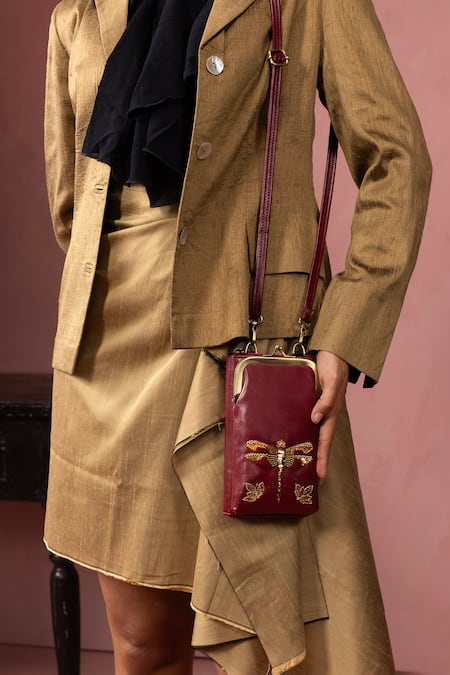 Shop_Miri_Burgundy Embroidery Hand Dragonfly Wallet Sling _Online_at_Aza_Fashions