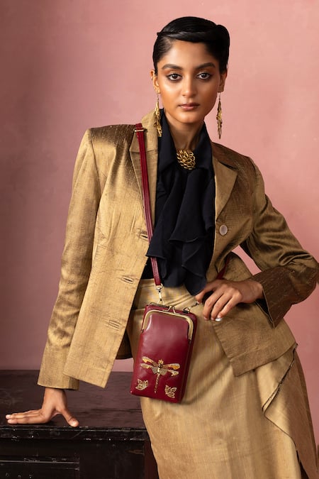 Miri_Burgundy Embroidery Hand Dragonfly Wallet Sling _at_Aza_Fashions