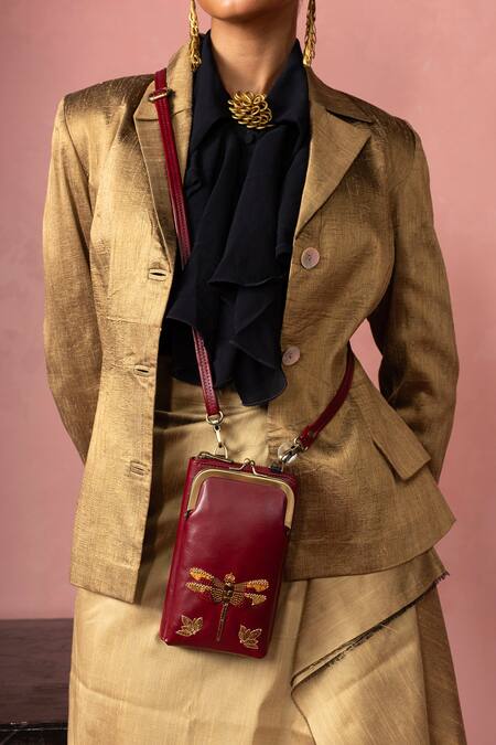 Buy_Miri_Burgundy Embroidery Hand Dragonfly Wallet Sling 