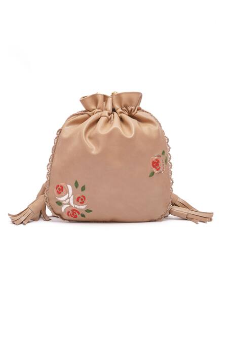 Shop_Miri_Beige Embroidery Hand Roses Potli Bag _Online_at_Aza_Fashions