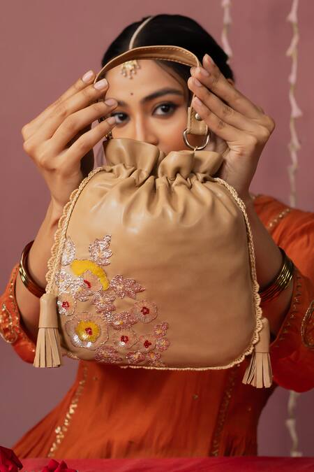 Buy_Miri_Beige Embroidery Hand Dabka Potli Bag _Online_at_Aza_Fashions
