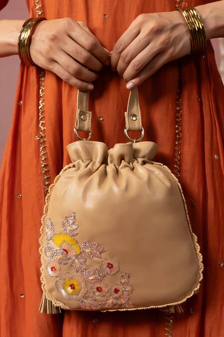 Miri_Beige Embroidery Hand Dabka Potli Bag _at_Aza_Fashions