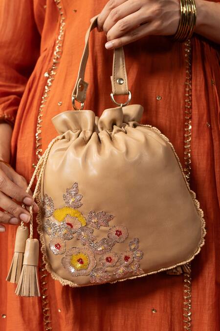 Shop_Miri_Beige Embroidery Hand Dabka Potli Bag 