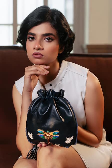Buy_Miri_Blue Embroidery Hand Dragonfly Potli Bag _Online_at_Aza_Fashions