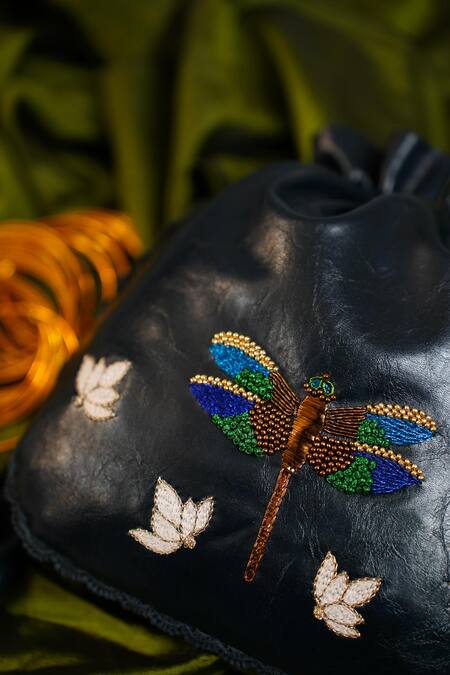 Miri_Blue Embroidery Hand Dragonfly Potli Bag _at_Aza_Fashions