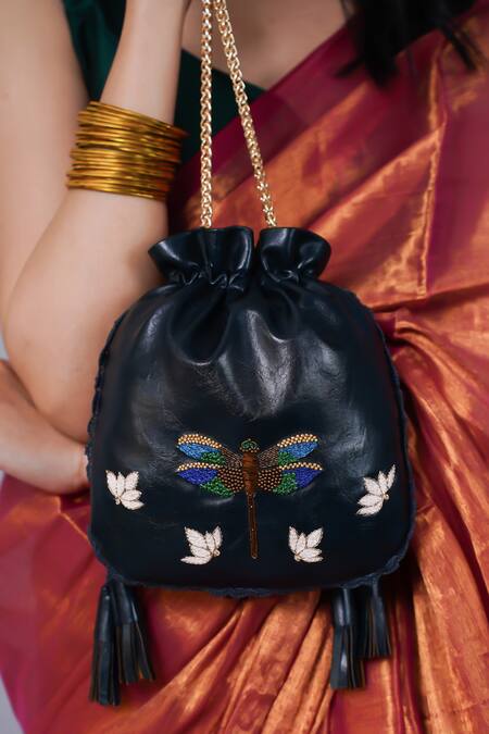 Shop_Miri_Blue Embroidery Hand Dragonfly Potli Bag 