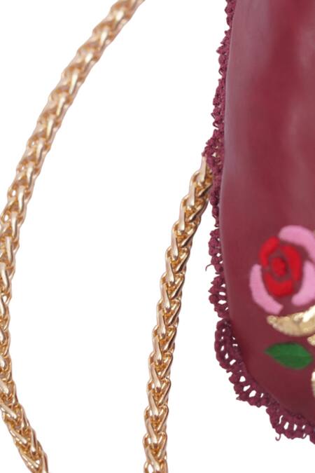 Miri_Burgundy Embroidery, Metallic Thread Hand Roses Potli Bag _Online_at_Aza_Fashions