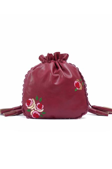 Buy_Miri_Burgundy Embroidery, Metallic Thread Hand Roses Potli Bag _Online_at_Aza_Fashions
