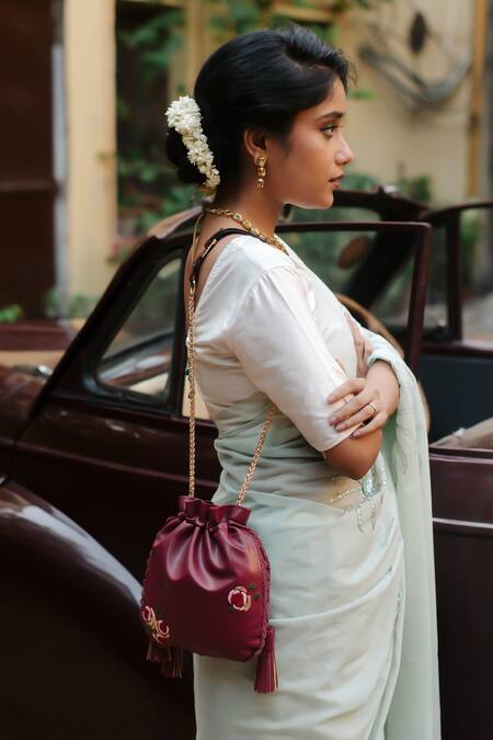 Shop_Miri_Burgundy Embroidery, Metallic Thread Hand Roses Potli Bag 