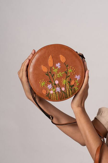 Miri_Tan Embroidery, Beads Hand Round Sling Bag _at_Aza_Fashions