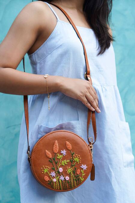 Buy_Miri_Tan Embroidery, Beads Hand Round Sling Bag 