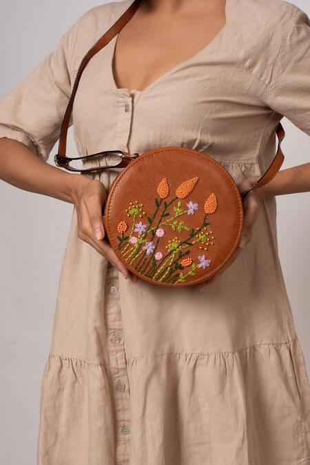Shop_Miri_Tan Embroidery, Beads Hand Round Sling Bag 