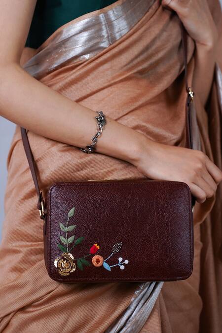 Shop Miri Brown Embroidery Hand Golden Rose Sling Bag Shop_Miri_Brown Embroidery Hand Golden Rose Sling Bag