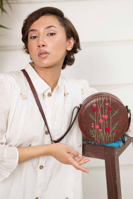 Miri_Brown Embroidery Hand Round Sling Bag _Online_at_Aza_Fashions
