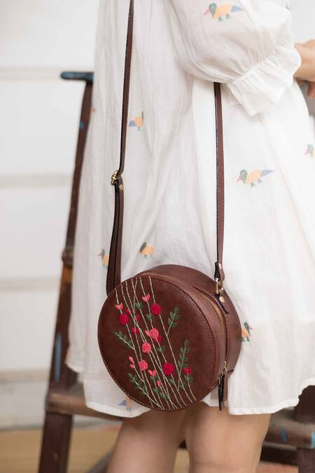 Buy_Miri_Brown Embroidery Hand Round Sling Bag _Online_at_Aza_Fashions