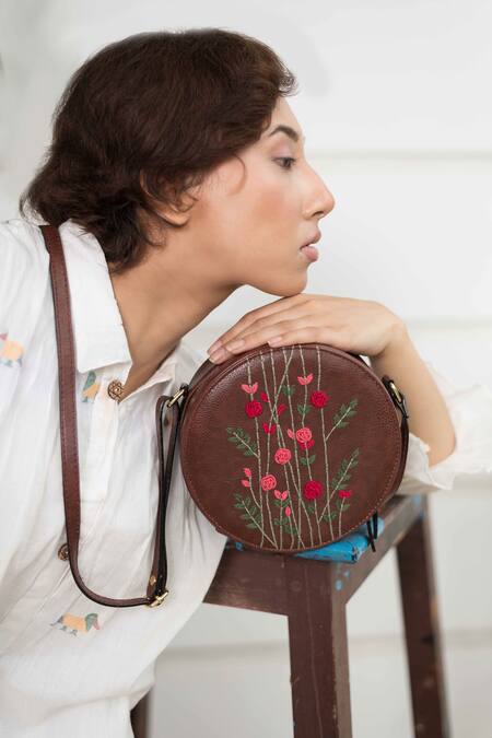 Shop_Miri_Brown Embroidery Hand Round Sling Bag _Online_at_Aza_Fashions
