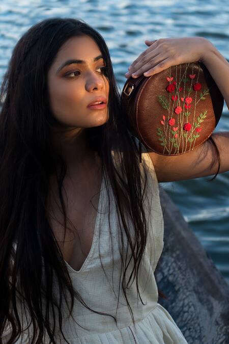 Miri_Brown Embroidery Hand Round Sling Bag _at_Aza_Fashions