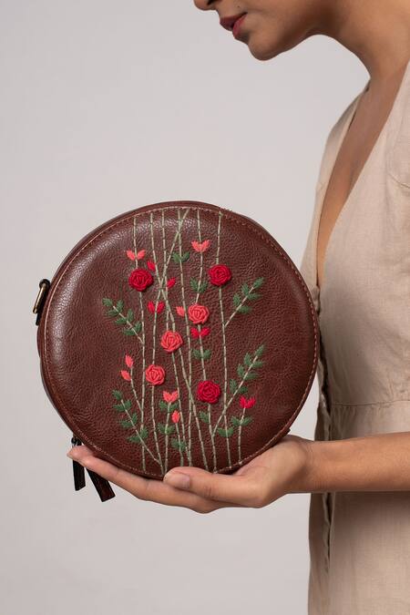 Buy_Miri_Brown Embroidery Hand Round Sling Bag 