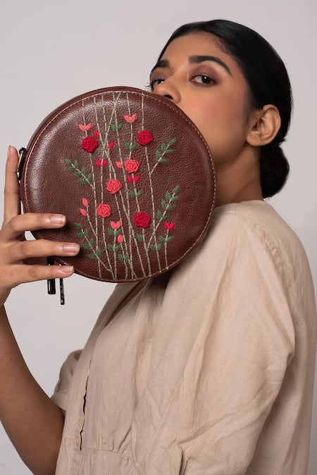 Miri Brown Embroidery Hand Round Sling Bag 