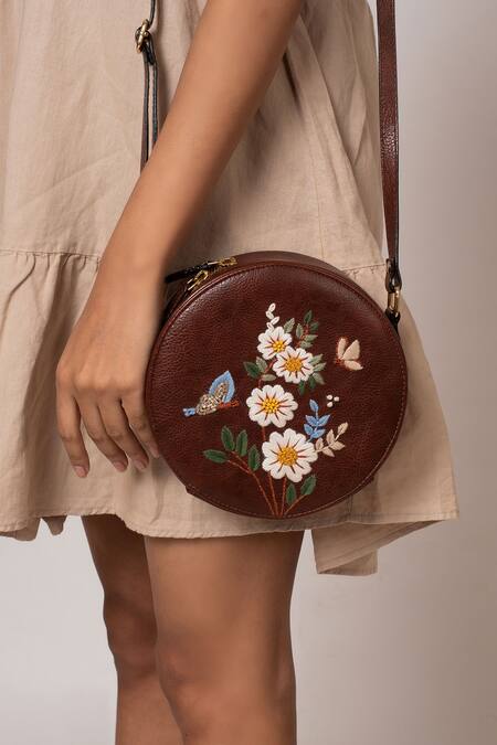 Buy_Miri_Brown Embroidery Hand Daisy Sling Bag _Online_at_Aza_Fashions
