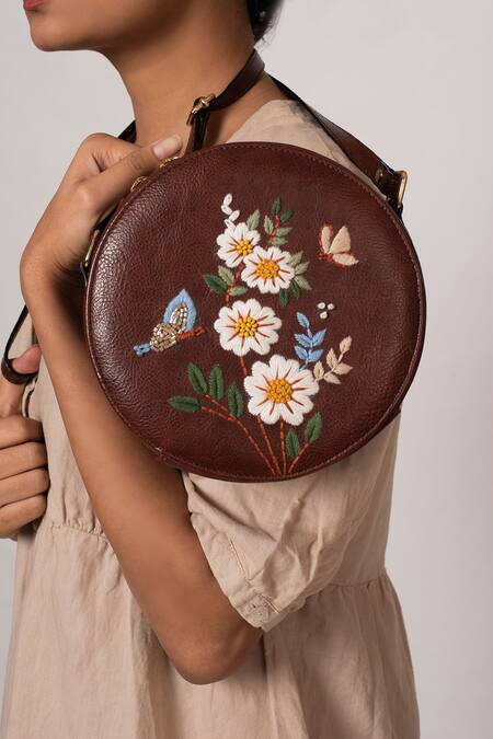 Shop_Miri_Brown Embroidery Hand Daisy Sling Bag _Online_at_Aza_Fashions