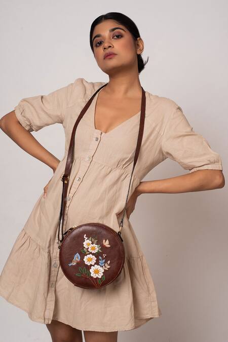 Miri_Brown Embroidery Hand Daisy Sling Bag _at_Aza_Fashions
