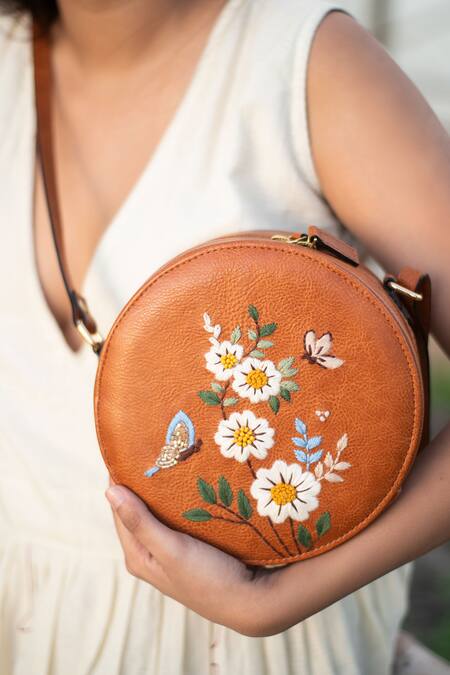 Miri_Tan Embroidery Hand Daisy Sling Bag _Online_at_Aza_Fashions