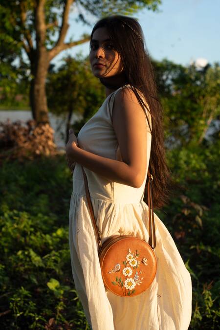 Buy_Miri_Tan Embroidery Hand Daisy Sling Bag _Online_at_Aza_Fashions