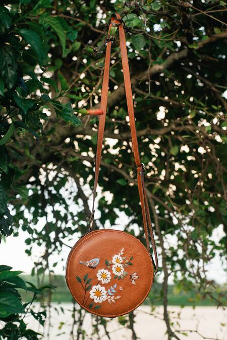 Miri_Tan Embroidery Hand Daisy Sling Bag _at_Aza_Fashions